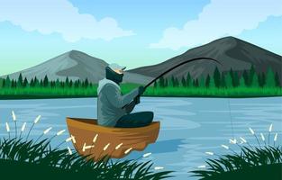 uomo che pesca in un lago vettore