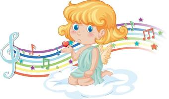 personaggio della ragazza cupido sulla nuvola con simboli di melodia sull'arcobaleno vettore