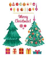 collezione di bellissimo Natale albero decorazioni isolato su bianca sfondo vettore illustrazione impostare. palle, stella, arredamento con ghiaccioli. colorato vettore illustrazione nel cartone animato stile.