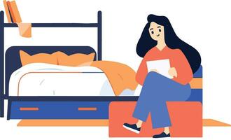mano disegnato un' femmina personaggio è lettura un' libro nel il Camera da letto nel piatto stile vettore