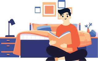 mano disegnato un' maschio personaggio è lettura un' libro nel il Camera da letto nel piatto stile vettore