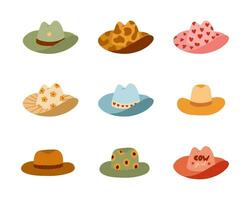 carino impostato di mano disegnato cowgirl e cowboy cappello. sceriffo cappello con cuori, mucca, fiore Stampa nel cowboy e cowgirl occidentale tema. semplice scarabocchio collezione per cavallo ranch e selvaggio ovest stile. vettore