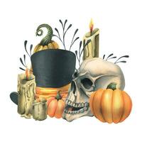 umano cranio con nero superiore cappello, arancia zucche, rami, candele. mano disegnato acquerello illustrazione per Halloween. isolato composizione vettore