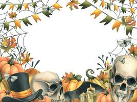 umano teschi con nero strega cappello, arancia zucche, ragnatele, candele e autunno acero le foglie. mano disegnato acquerello illustrazione per Halloween. telaio, modello vettore