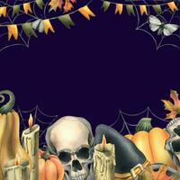 umano teschi con nero strega cappello, arancia zucche, ragnatele, candele e autunno acero le foglie. mano disegnato acquerello illustrazione per Halloween. telaio, modello su un' buio viola sfondo. vettore