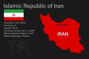 mappa dell'iran altamente dettagliata con bandiera, capitale e piccola mappa del mondo vettore