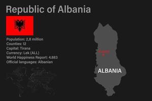 mappa dell'albania altamente dettagliata con bandiera, capitale e piccola mappa del mondo vettore