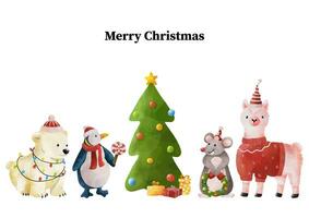acquerello Natale animali impostato con pinguino, lama, polare orso e ratto indossare Santa cappello illustrazione vettore