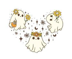 gruppo di carino Halloween fantasma con margherita fiore nel cuore forma, kawaii retrò floreale spaventoso fantasma cartone animato scarabocchio schema vettore