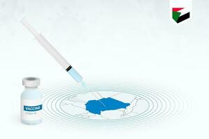 covid-19 vaccinazione nel Sudan, coronavirus vaccinazione illustrazione con vaccino bottiglia e siringa iniezione nel carta geografica di Sudan. vettore