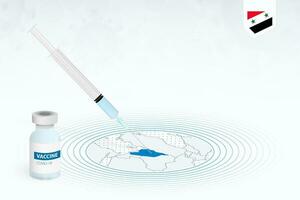 covid-19 vaccinazione nel Siria, coronavirus vaccinazione illustrazione con vaccino bottiglia e siringa iniezione nel carta geografica di Siria. vettore