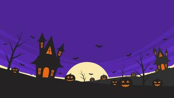 viola Halloween sfondo vettore illustrazione con frequentato Casa e pauroso notte con pieno Luna