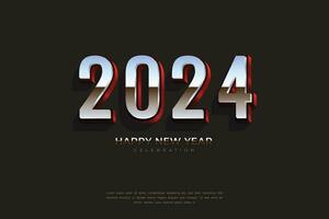 contento nuovo anno 2024. argento rosso 3d numeri su elegante sfondo vettore