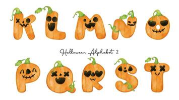 Halloween zucca alfabeto lettera kt, carino spaventoso acquerello personaggi, mano dipinto acquerello illustrazione, Perfetto per vacanza progetti, lavorazione saluto carte, decorazioni, o inviti. vettore