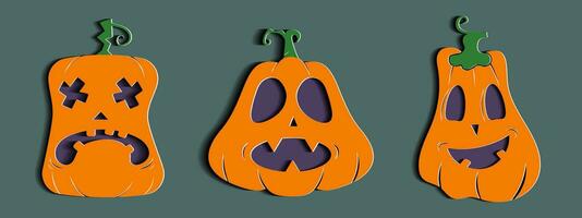 Halloween zucca impostato con unico expresion nel carta tagliare stile. vettore