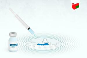 covid-19 vaccinazione nel Oman, coronavirus vaccinazione illustrazione con vaccino bottiglia e siringa iniezione nel carta geografica di Oman. vettore