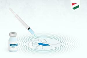 covid-19 vaccinazione nel Ungheria, coronavirus vaccinazione illustrazione con vaccino bottiglia e siringa iniezione nel carta geografica di Ungheria. vettore