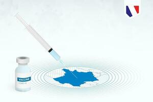 covid-19 vaccinazione nel Francia, coronavirus vaccinazione illustrazione con vaccino bottiglia e siringa iniezione nel carta geografica di Francia. vettore