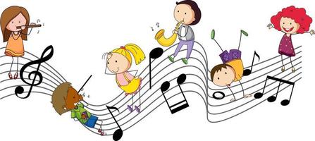 simboli di melodia musicale con molti personaggi dei cartoni animati per bambini scarabocchiati vettore