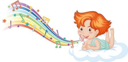 personaggio cupido sulla nuvola con simboli di melodia sull'arcobaleno vettore