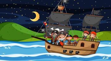 scena dell'isola del tesoro di notte con bambini pirata sulla nave vettore