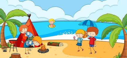 scena della spiaggia con molti bambini doodle personaggio dei cartoni animati vettore