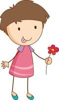 un personaggio dei cartoni animati di ragazza che tiene un fiore in stile doodle isolato vettore