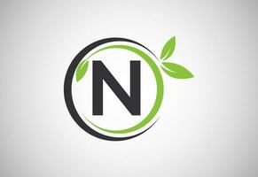 inglese alfabeto n con verde le foglie. organico, eco-friendly logo design vettore modello