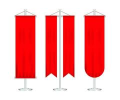 segnale rosso lungo sport pubblicità gagliardetti banner campioni su polo In piedi supporto piedistallo realistico impostare. vettore azione illustrazione.