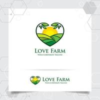 logo design agricolo con icona di foglie e vettore di terra di piantagioni.