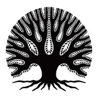 stilizzato famiglia albero modello, genealogia albero con radici, rami e foglie, nero e bianca silhouette, isolato su bianca vettore