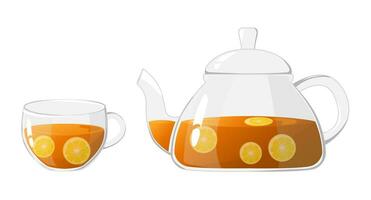 bicchiere teiera, tazza con tè e Limone. trasparente bicchiere teiera e tazza. bicchiere tè bollitore per bollente acqua, vasellame per tè cerimonia a casa. salutare bevande concetto vettore