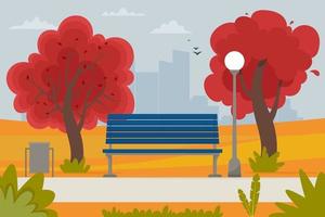 paesaggio autunnale con panchina nel parco e alberi. illustrazione vettoriale