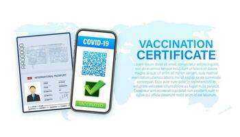 vaccinazione digitale certificato su smartphone. Telefono schermo con qr codice e passaggio dai un'occhiata marchio vaccinato. Salute passaporto. vettore azione illustrazione