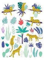 set di leopardi e foglie tropicali.vector vettore