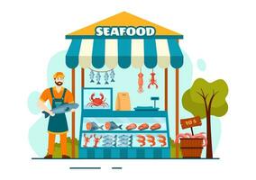 frutti di mare mercato stalla vettore illustrazione con fresco pesce prodotti come come polpo, vongole, gamberetto e aragosta nel piatto cartone animato sfondo design