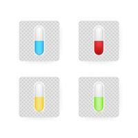 realistico pillole bolla con capsule su bianca sfondo. realistico finto su di pillole confezione medicinali, compresse, capsule. vettore illustrazione.