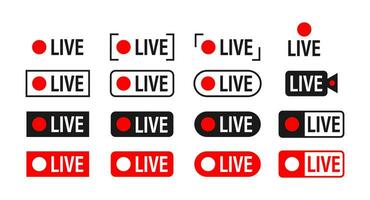 impostato di vivere streaming icone. trasmissione. rosso simboli e pulsanti di vivere flusso, in linea flusso. vettore azione illustrazione