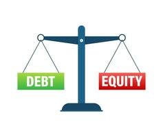 debito e equità equilibrio su il scala. equilibrio su scala. attività commerciale concetto. vettore azione illustrazione