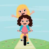 due ragazze giocano all'aperto con la bicicletta vettore