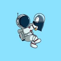 simpatico astronauta vola e abbraccia il pinguino. simpatico cartone animato mascotte illustrazioneil vettore