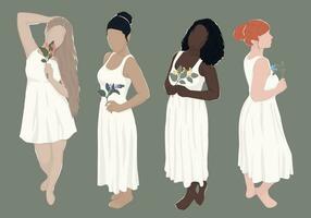 impostato di disegnato diverso donne nel bianca vestiti Tenere fiori nel loro mani. vettore moderno piatto illustrazione.