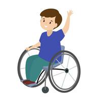 mondo disabilità. concetto di supporto persone con disabilità. Disabilitato persona nel un' sedia a rotelle fa un' saluto gesto. moderno vettore illustrazione.