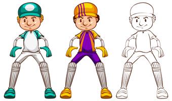 Giocatore di cricket in tre diversi stili di disegno vettore