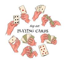 gioco d'azzardo. carte da gioco in mano. casinò, fortuna, fortuna. grande insieme. vettore