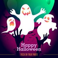 fantasma di halloween con sfumatura al neon rosa, luna, pipistrelli e mani di zombi vettore
