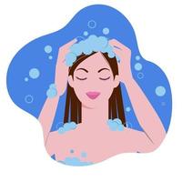giovane donna che lava i capelli e la testa con lo shampoo in bagno. vettore
