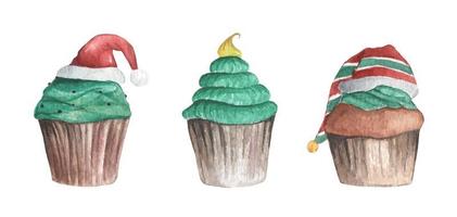 set di cupcake di Natale. cartolina di Natale dell'acquerello. vettore