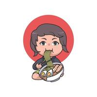 ragazza carina chibi che mangia illustrazione di ramen vettore