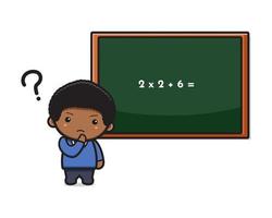 carino ragazzo studente confuso facendo matematica icona del fumetto illustrazione vettoriale